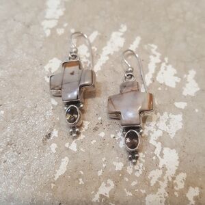 Marble Agate Sterling Cross Earrings